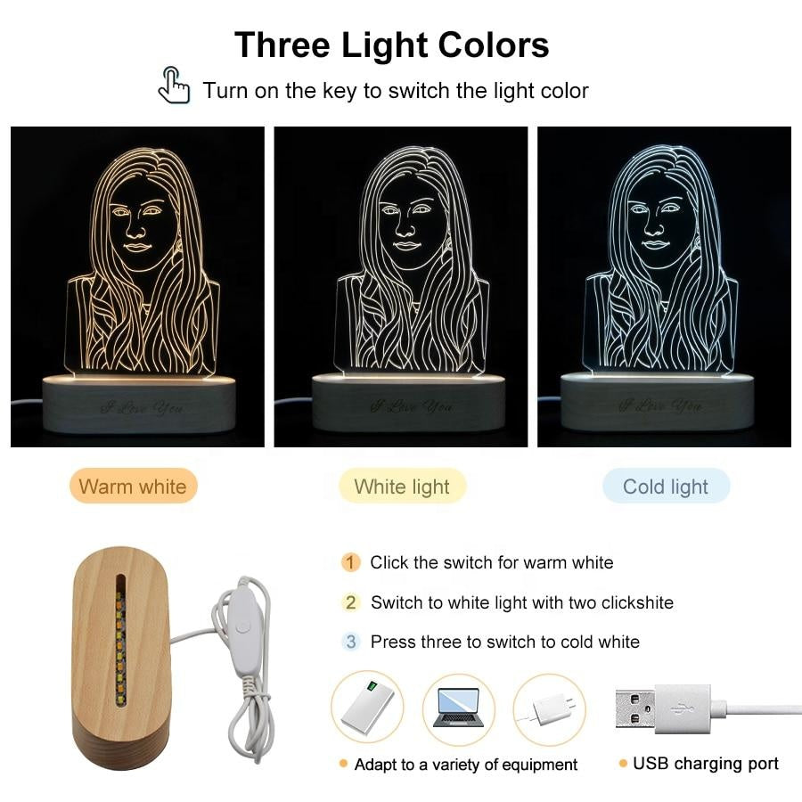 Personalised Any Shape 3D Acrylic Lamp Picture Night Light With Engraved Wooden Base