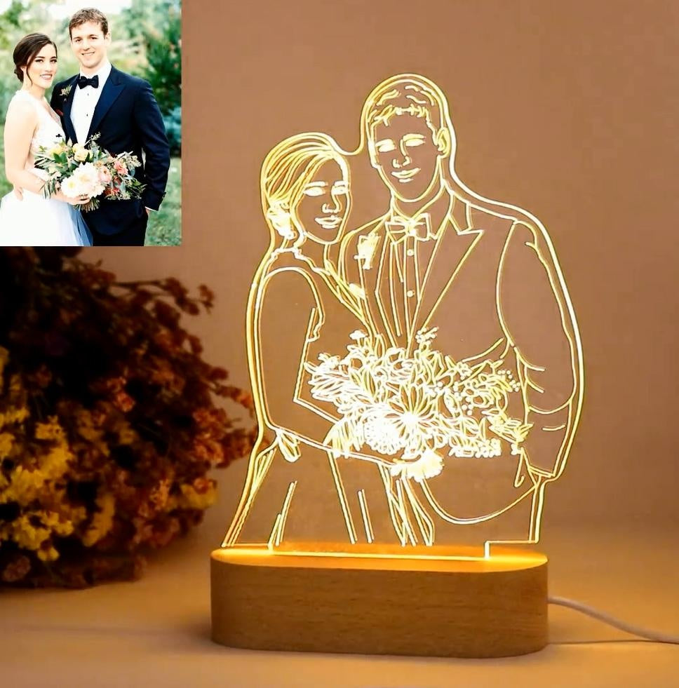 Personalised Any Shape 3D Acrylic Lamp Picture Night Light With Engraved Wooden Base