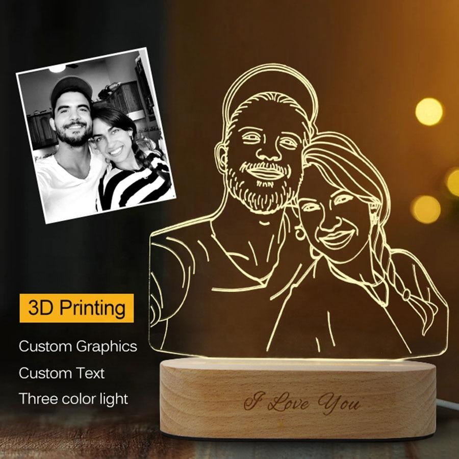 Personalised Any Shape 3D Acrylic Lamp Picture Night Light With Engraved Wooden Base